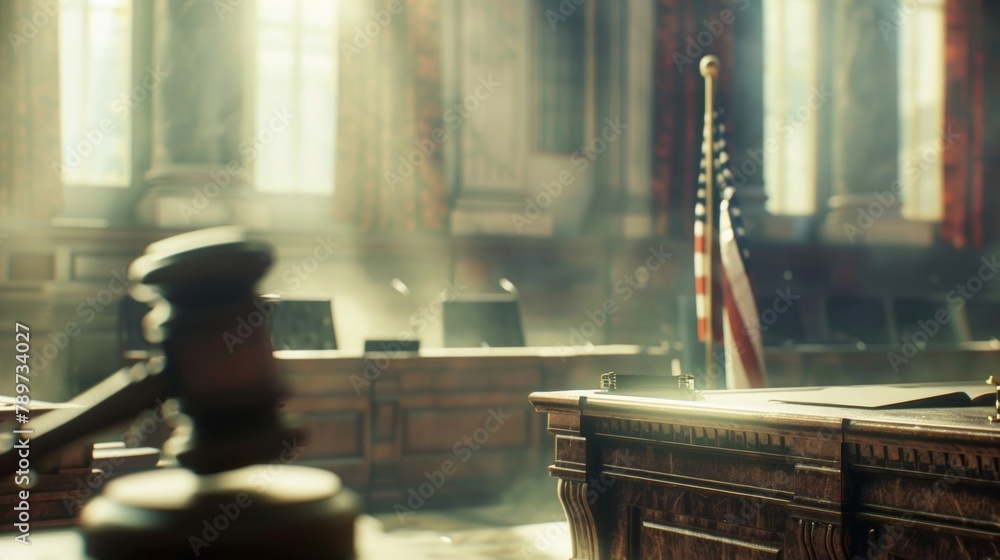 Poster in a hazy and faded setting a judges bench stands tall in the center of the frame flanked by an outo