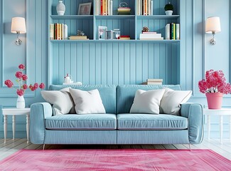 Stylish living room interior with a blue sofa