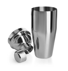 Metal cocktail shaker, strainer and cap isolated on white