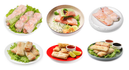 Delicious spring rolls isolated on white, set