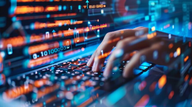 A closeup of a hand typing rapidly on a keyboard with intricate coding and encryption displayed on the computer screen demonstrating the crucial role of IT spets in keeping sensitive .