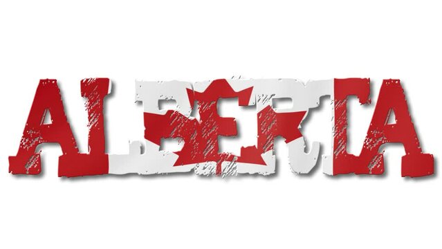 Alberta Text with Canada Flag Waving Inside. Seamless Loop Animation on Transparent Background.