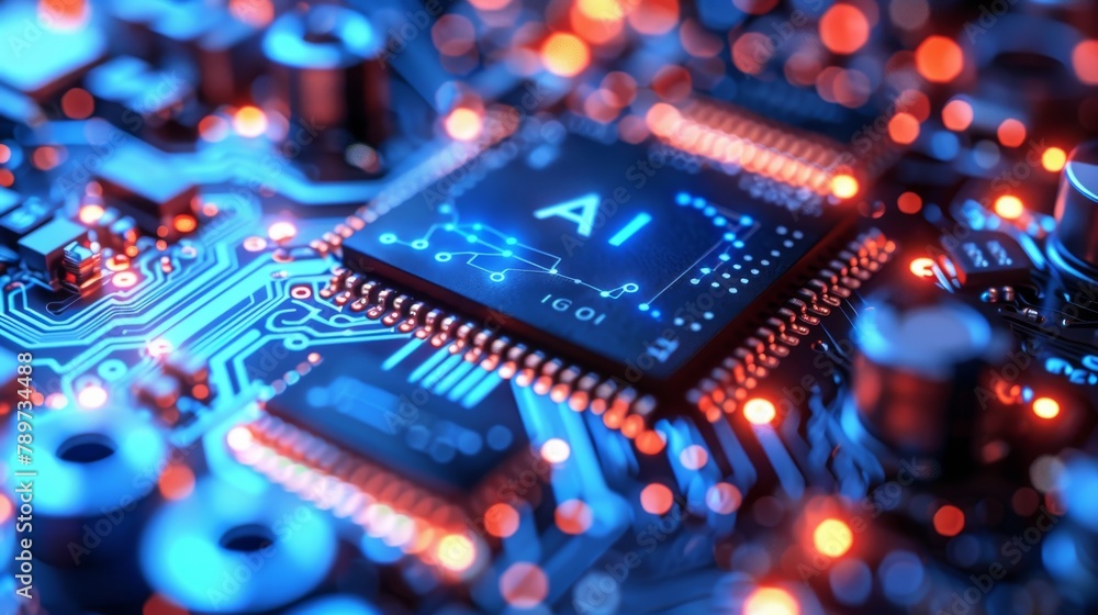 Poster dynamic close-up view of a blue circuit board with ai concept, symbolizing technology and advanced c