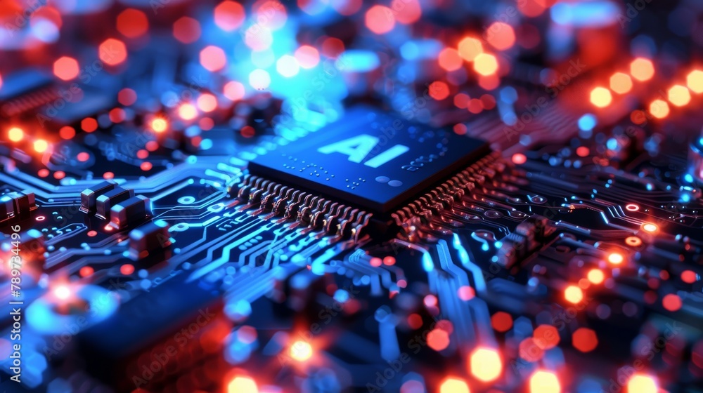 Poster high-definition image showcasing an intricate ai microchip on a circuit board, signifying smart tech