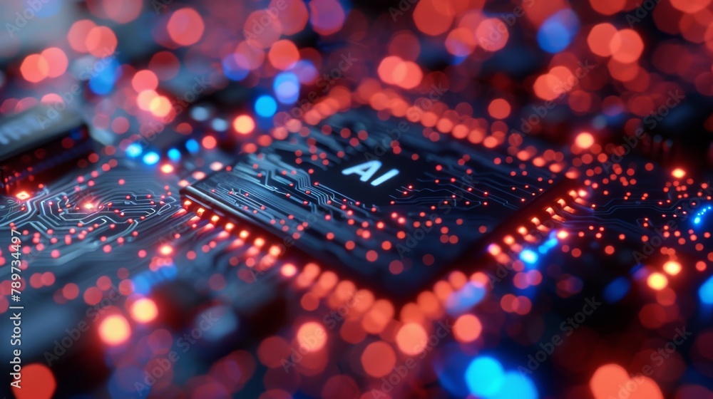 Poster intricate red and blue toned ai microchip suggesting advanced digital computing and futuristic conce