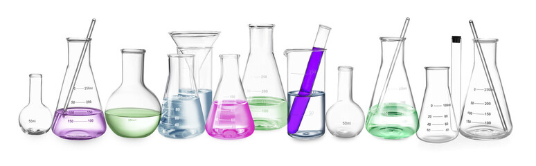 Set of different laboratory glassware isolated on white