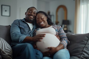 A joyful pregnant woman and her partner sitting on a couch, lovingly embracing and touching the baby bump
