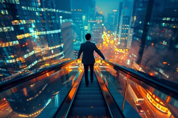 A man in a suit descends an escalator, city lights blur around creating a dynamic image of urban life and progress