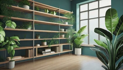 contemporary-style bookshelf adorned with plants that serves as a modern decorative element for virtual office backdrops, studio backgrounds