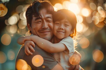 Joyful Asian father and daughter embracing each other in sunny, bokeh-filled setting