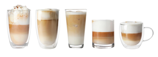Set of different coffee drinks in cups and glass on white background