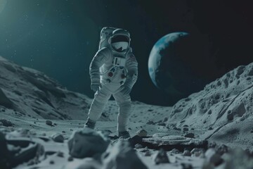 Astronaut walking on a moon-like surface with a detailed spacesuit and Earth visible in the backdrop