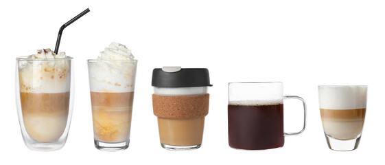 Set of different coffee drinks in cups and glass on white background