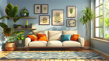 Modern living room with furniture and decor, Cozy apartment furnished with sofa and shelves, Trendy contemporary home interior design with house plants, pictures and window, Flat vector illustration