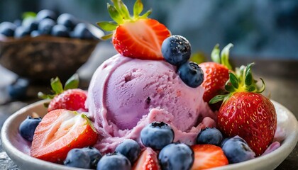 close up of a purple ice cream topped with fresh strawberries and blueberries, showcasing the...