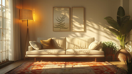 modern living room with sofa and lamp, scandinavian interior design furniture, 3d render illustration, realistic interior design photography