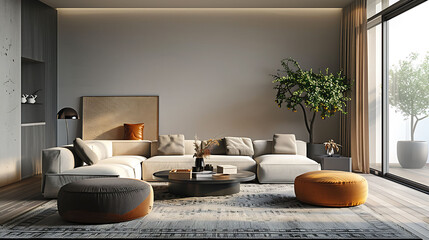 Modern living-room interior, Interior mockup, 3d render, realistic interior design photography