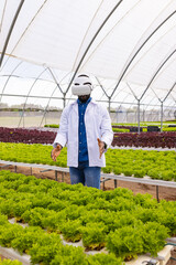 African American young male farm supervisor in VR headset at hydroponic farm in greenhouse