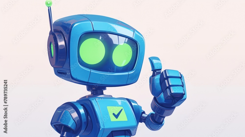 Poster a friendly cute blue robot with a green checkmark is cheerfully gazing at the camera giving a thumbs