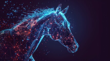 Empty low poly style horse with luminous lines and dots. AI generated - obrazy, fototapety, plakaty