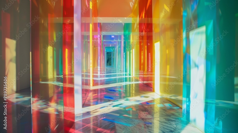 Poster a hallway lined with crystal panels that refract natural light transforming it into a vibrant rainbo