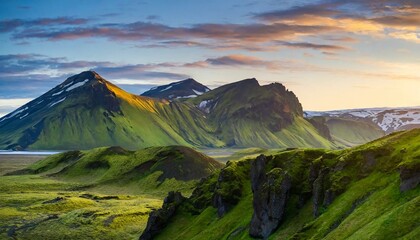 vibrant icelandic landscape of green moss covered mountains at dawn - obrazy, fototapety, plakaty