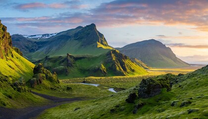 vibrant icelandic landscape of green moss covered mountains at dawn - obrazy, fototapety, plakaty