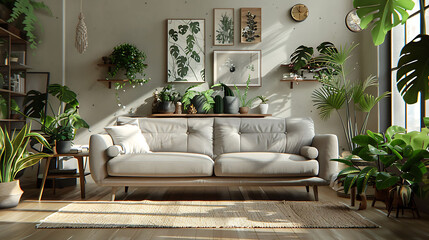 Modern scandinavian interior of living room with design grey sofa, armchair, a lot of plants, coffee table, carpet and personal accessories in cozy home decor, Template