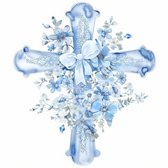 watercolor cute cross, soft blue colours on the cross, small bow in the centre, flowers, beautiful details, ultra-detailed, high definition, graphic clipart, white background, isolated on white 