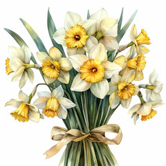 Fototapeta na wymiar bunch of daffodils tied with ribbon, watercolor Clipart, white background