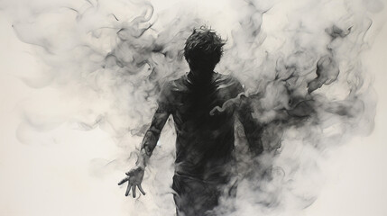 Fototapeta premium a black and white drawing of a man in a smoke
