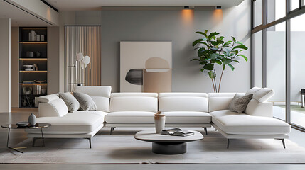 Modern white designer sofa on legs with cushions on grey carpet in middle of minimalistic living room with high ceiling, futuristic chair, green plant, abstract picture and two vases on table