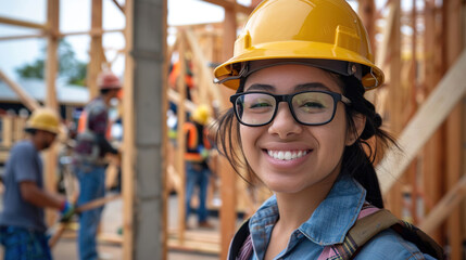 woman working on a construction site, construction hard hat and work vest, smiling, middle aged or older