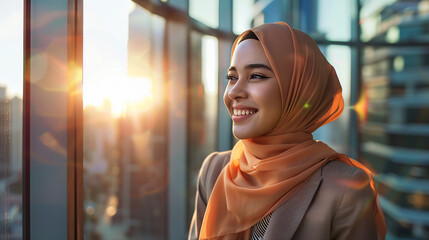 Successful middle eastern businesswoman standing in big city modern skyscrapers dreaming on new opportunities