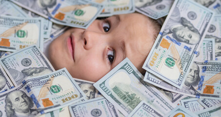 Money win, big luck. Child head in money. Fun kid face on dollars money.