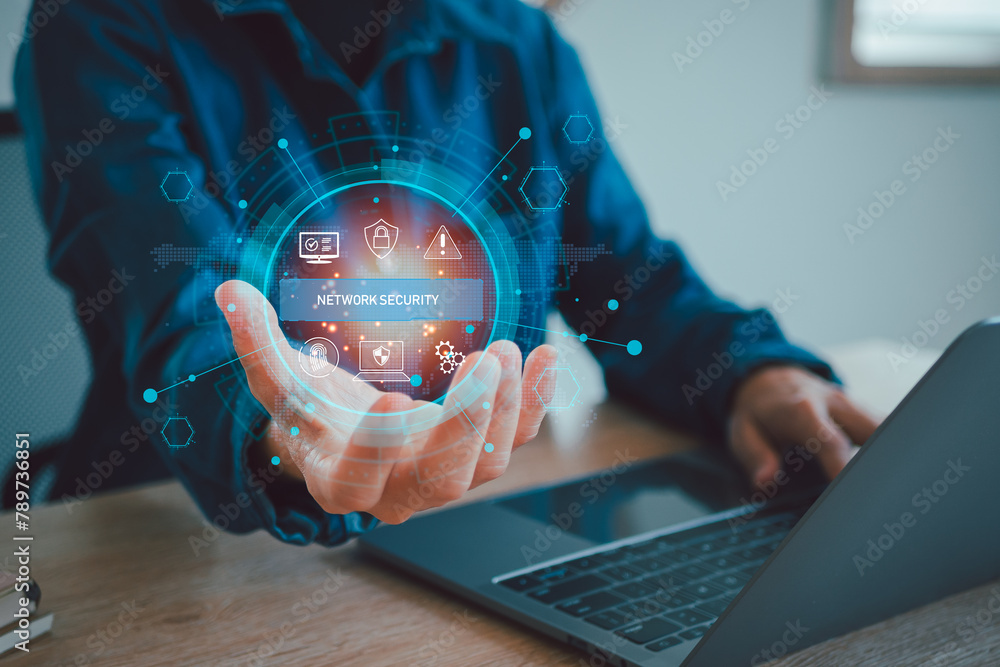 Poster cybersecurity concept global network security technology, business people protect personal informati