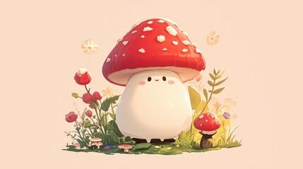 A whimsical mushroom character depicted in a stunning cartoon rendered illustration - obrazy, fototapety, plakaty