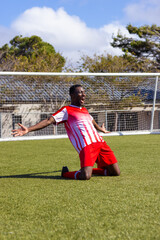 Obraz premium An African American young male athlete celebrating on a soccer field outdoors