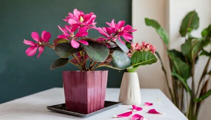 magenta houseplant with pink petals is in a flowerpot on the table, next to a rectangleshaped vase holding a bouquet of flowers