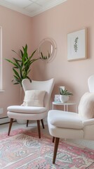 Photographs a therapists office designed with soft pink hues, creating a calming and supportive space for patients dealing with mental health issues