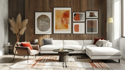 Art gallery wall with framed poster mock-ups in a modern setting