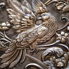 Detailed engraving on metal surface with traditional motifs