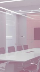 Showcases a biotechnology conference room equipped with the latest digital interfaces, all encased in sleek, sterile whites, reflecting the industrys focus on clean, efficient design