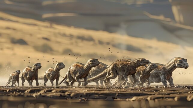 A herd of maiasaura puppies following their mother