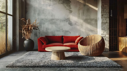 Real photo of a comfy living room interior with a round table on gray rug, wicker armchair and red corner sofa