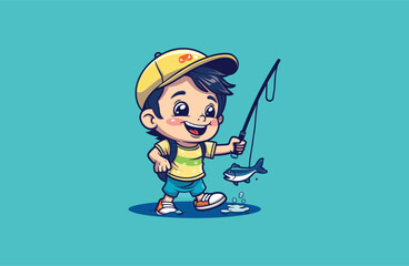 Cute Boy Fishing Mascot Logo Style 