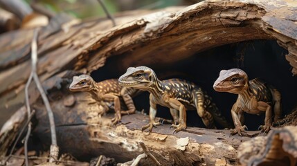 Velociraptor puppies exploring a hollow log with curiosity