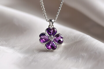 Amethyst clover pendant on a silver chain draped over silky fabric, capturing luxury, elegance, and sophistication in jewelry design