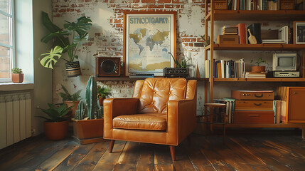 Retro composition of living room interior with mock up poster map, wooden shelf, book, armchair, plant, cacti, vinyl recorder, decoration and personal accessories in stylish home decor
