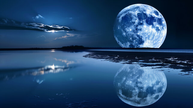 Moon rising and moon reflection in the water